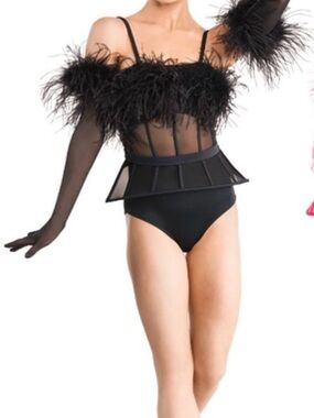 2 Die 4 Black Feather Trim Leotard with Mesh Peplum